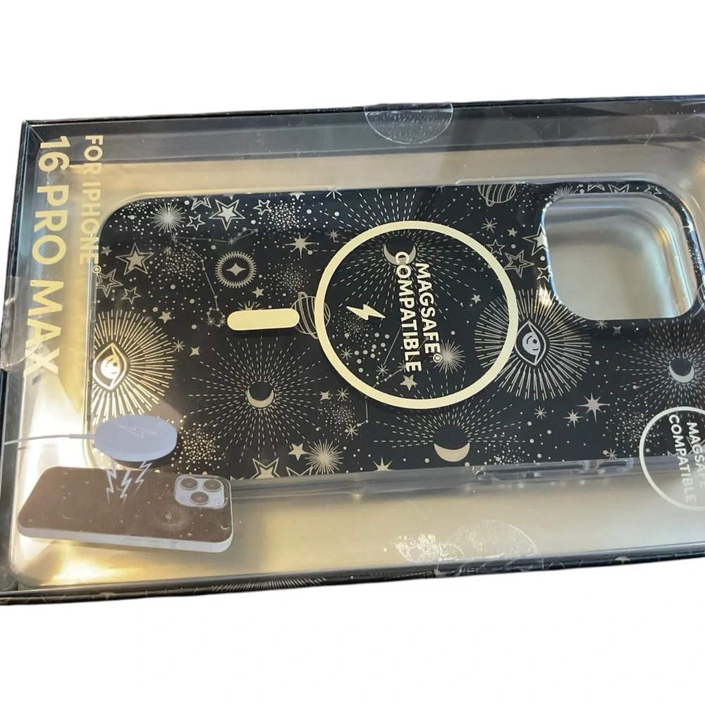 Poppy iPhone 16 Pro Max MagSafe case. Black & metallic celestial design. NIB